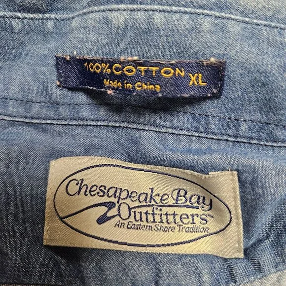 Chesapeake Bay Outfitters Shirt Mens XL Blue Jean Denim Long Sleeve Suede Patch - Picture 6 of 8